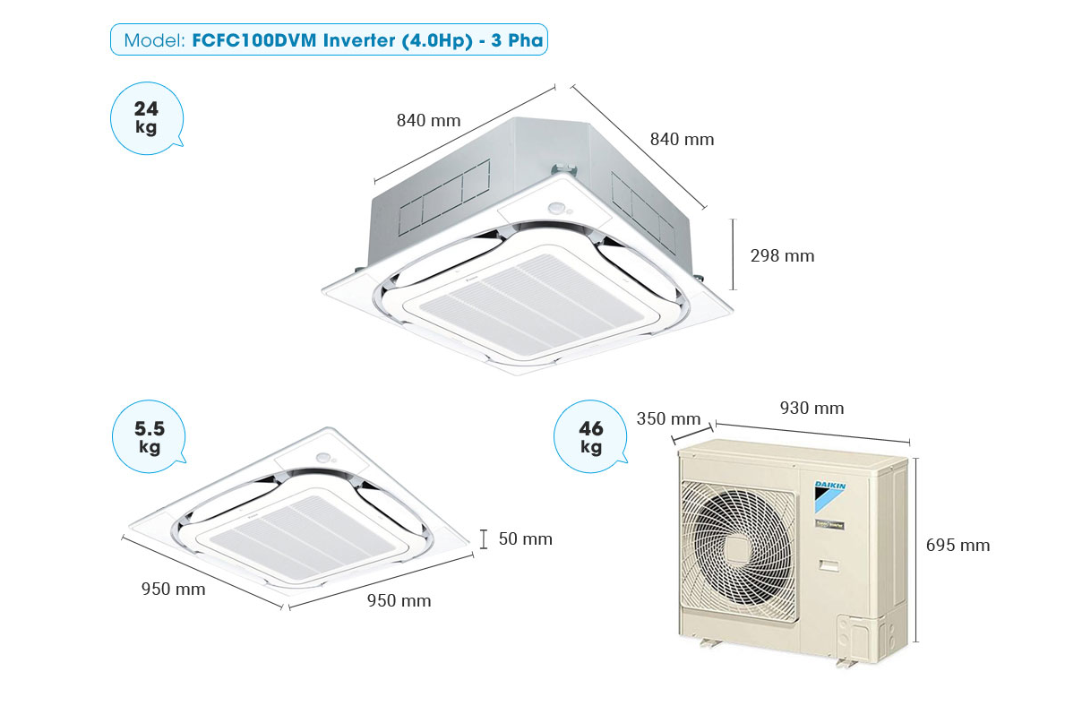 Máy lạnh Âm trần Daikin Inverter FCFC100DVM/RZFC100DY1+BRC2E61+BYCQ125EAF (4.0HP)- 3 Pha