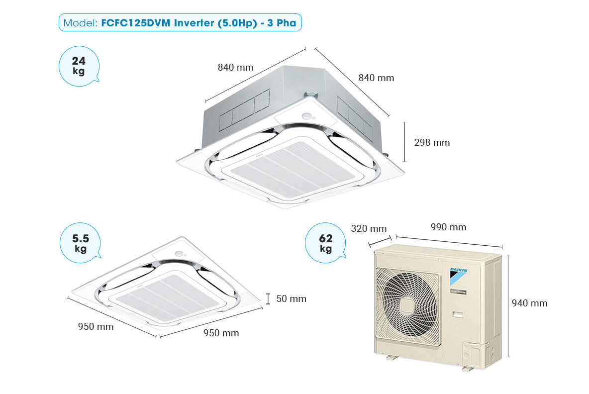 Máy lạnh Âm trần Daikin Inverter FCFC125DVM/RZFC125DY1+BRC2E61+BYCQ125EAF (5.0HP)- 3 Pha