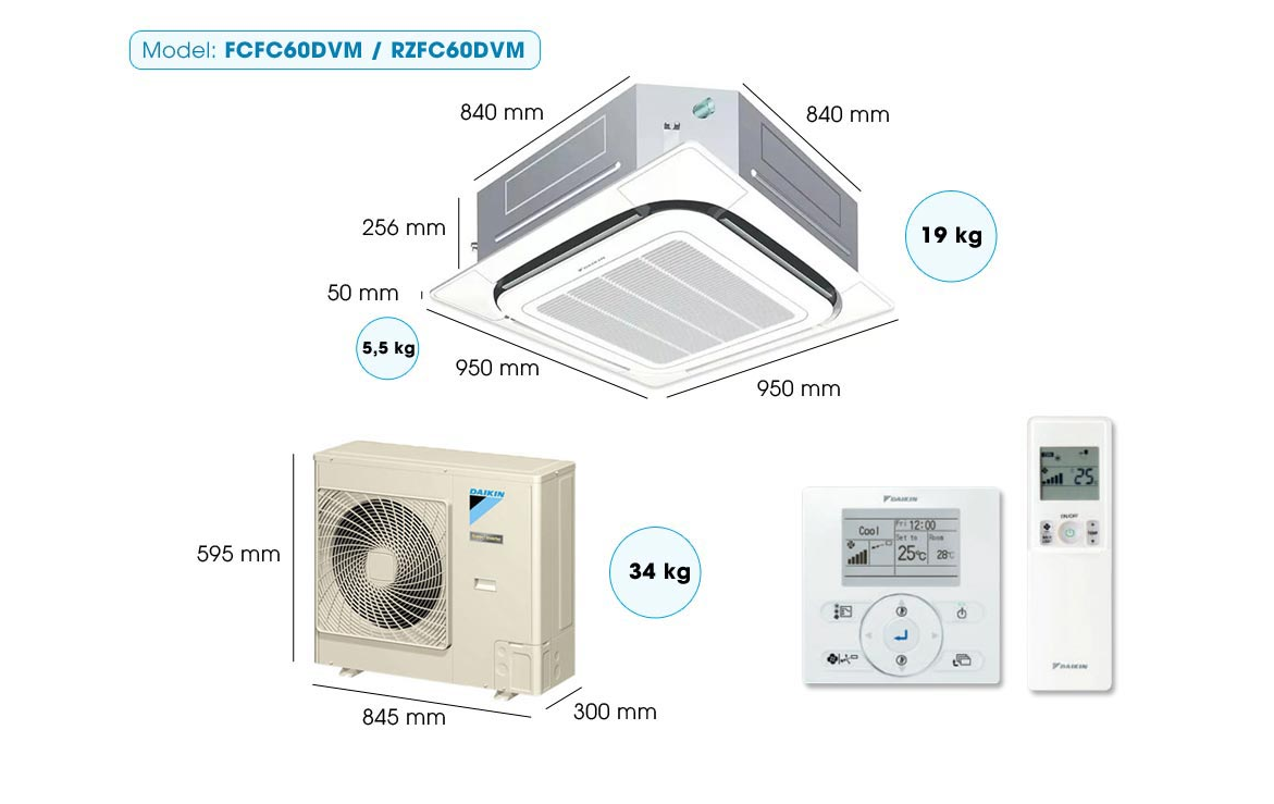 Máy lạnh Âm trần Daikin Inverter FCFC60DVM/RZFC60DVM+BRC2E61+BYCQ125EAF (2.4HP)- 1 Pha