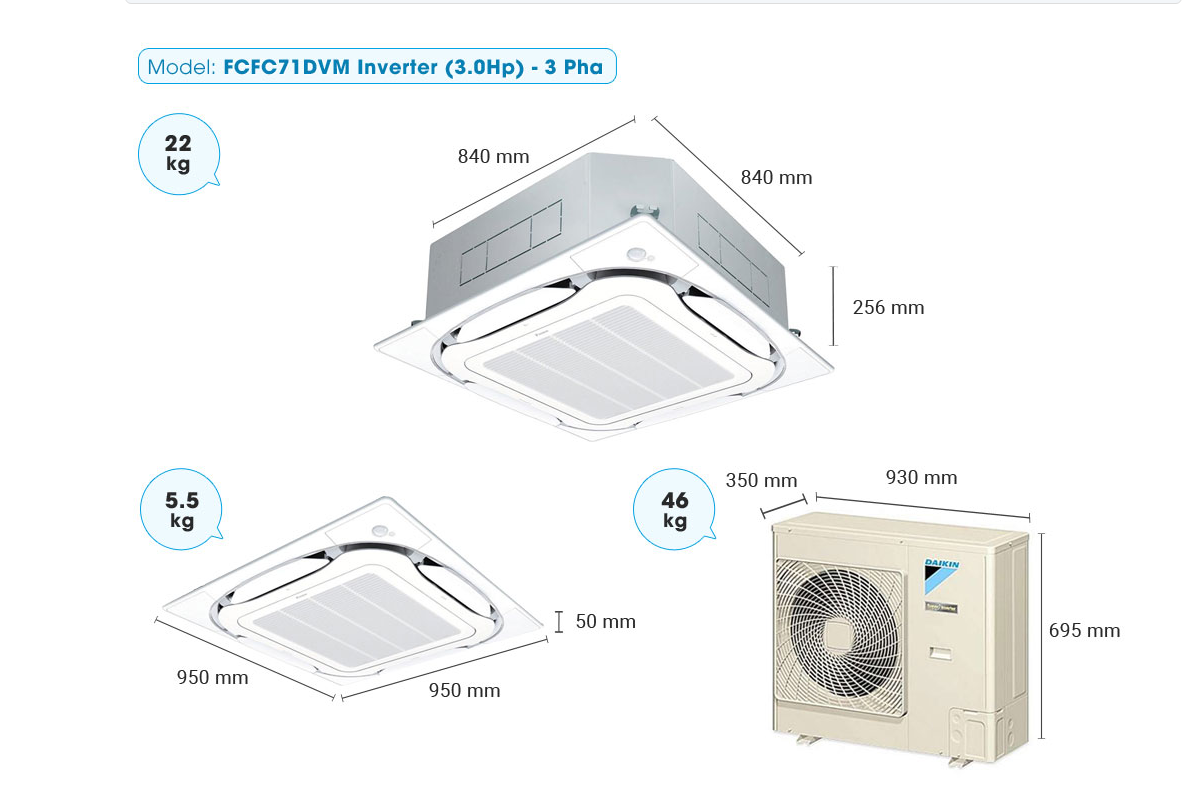 Máy lạnh Âm trần Daikin Inverter FCFC71DVM/RZFC71DY1+BRC2E61+BYCQ125EAF (3.0HP)- 3 Pha