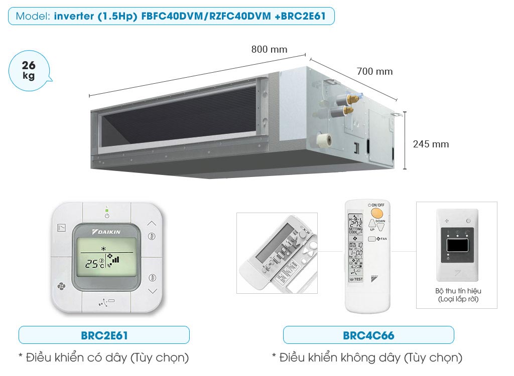 Máy lạnh giấu trần nối ống gió Daikin Inverter FBFC50DVM9/RZFC50DVM+BRC2E61-2.0HP