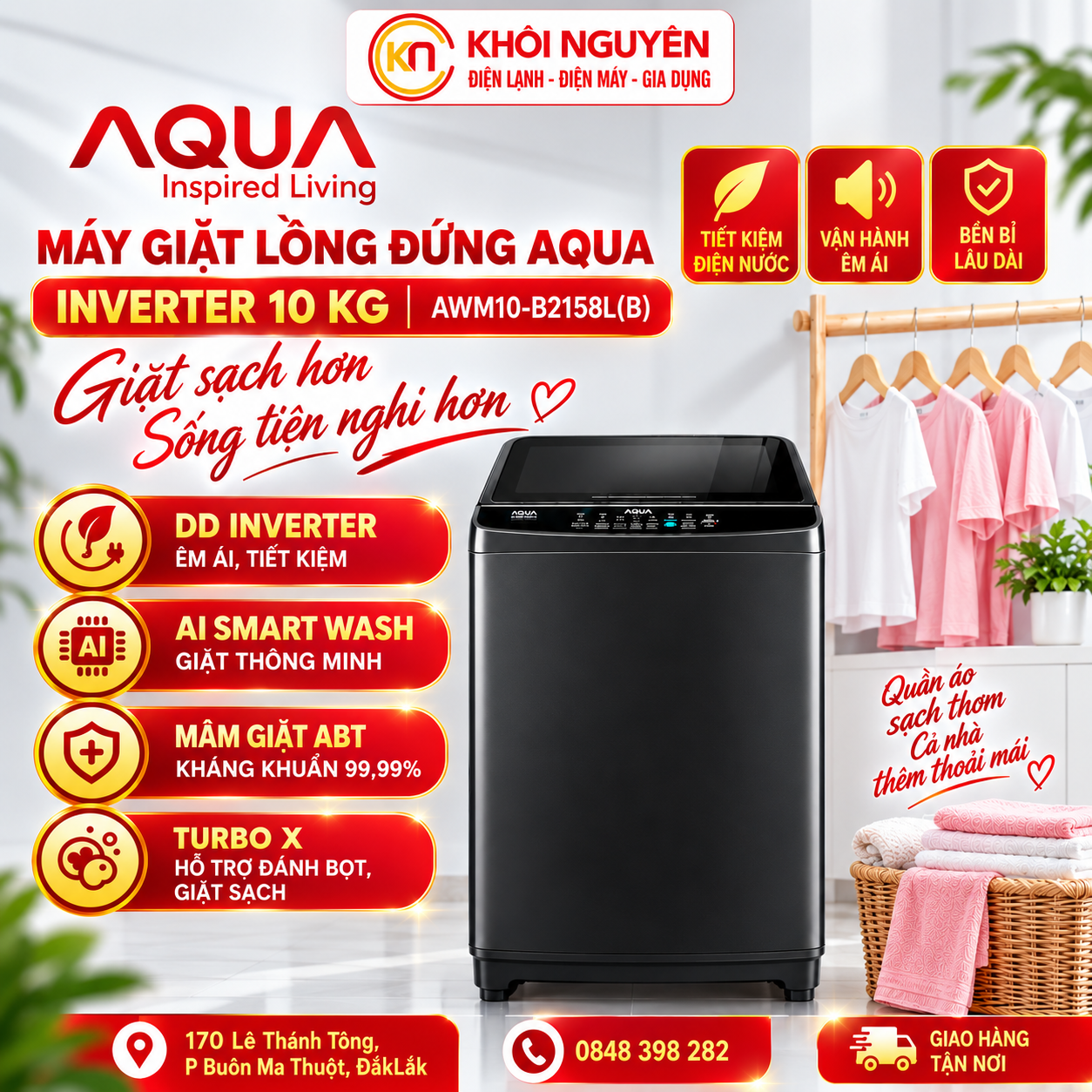 Máy Giặt Aqua Inverter 10 Kg AWM10-B2158L(B)