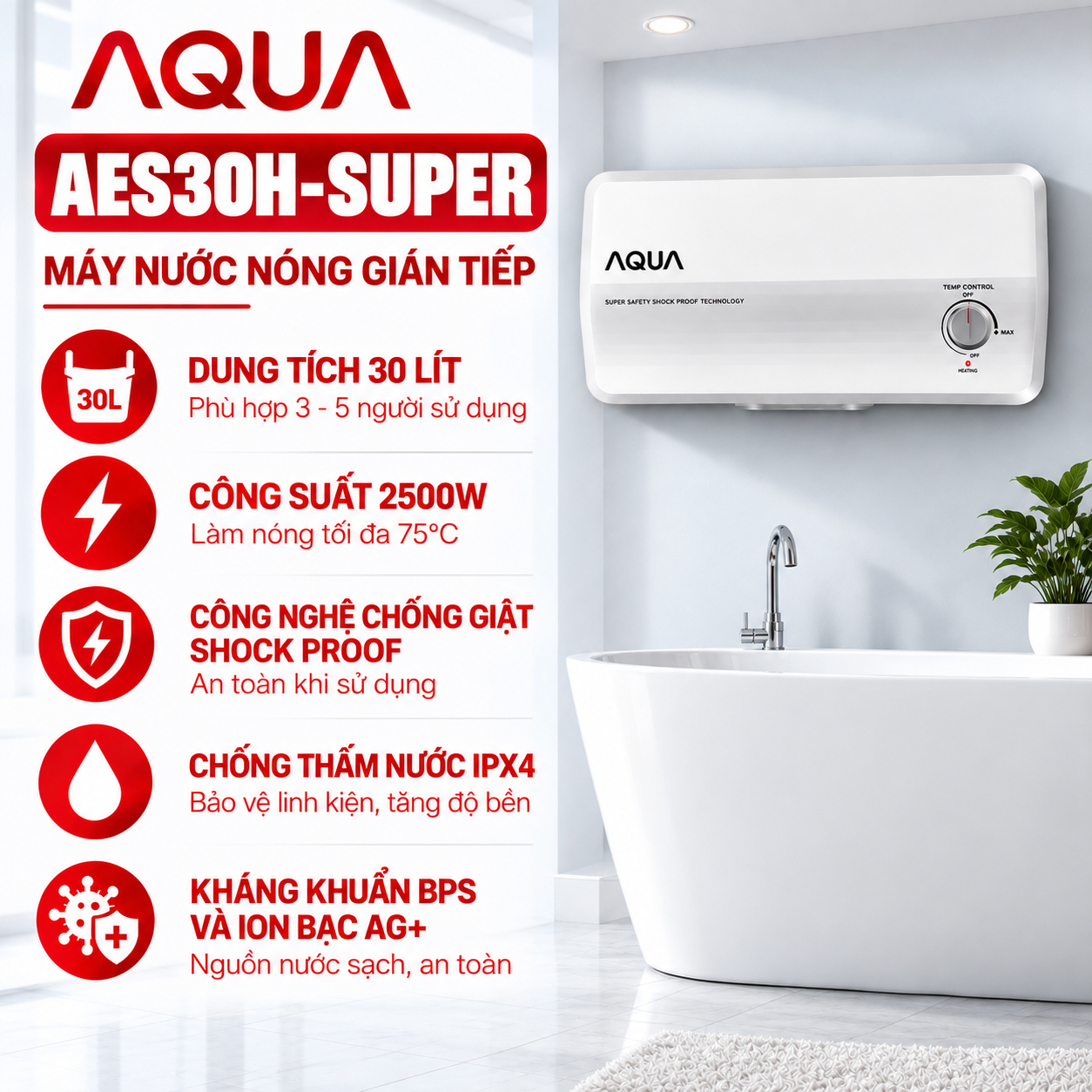 Máy nước nóng gián tiếp Aqua 30 lít 2500W AES30H-SUPER