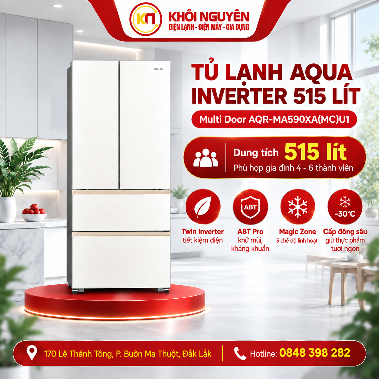 Tủ lạnh Aqua Inverter 515 lít Multi Door AQR-MA590XA(MC)U1