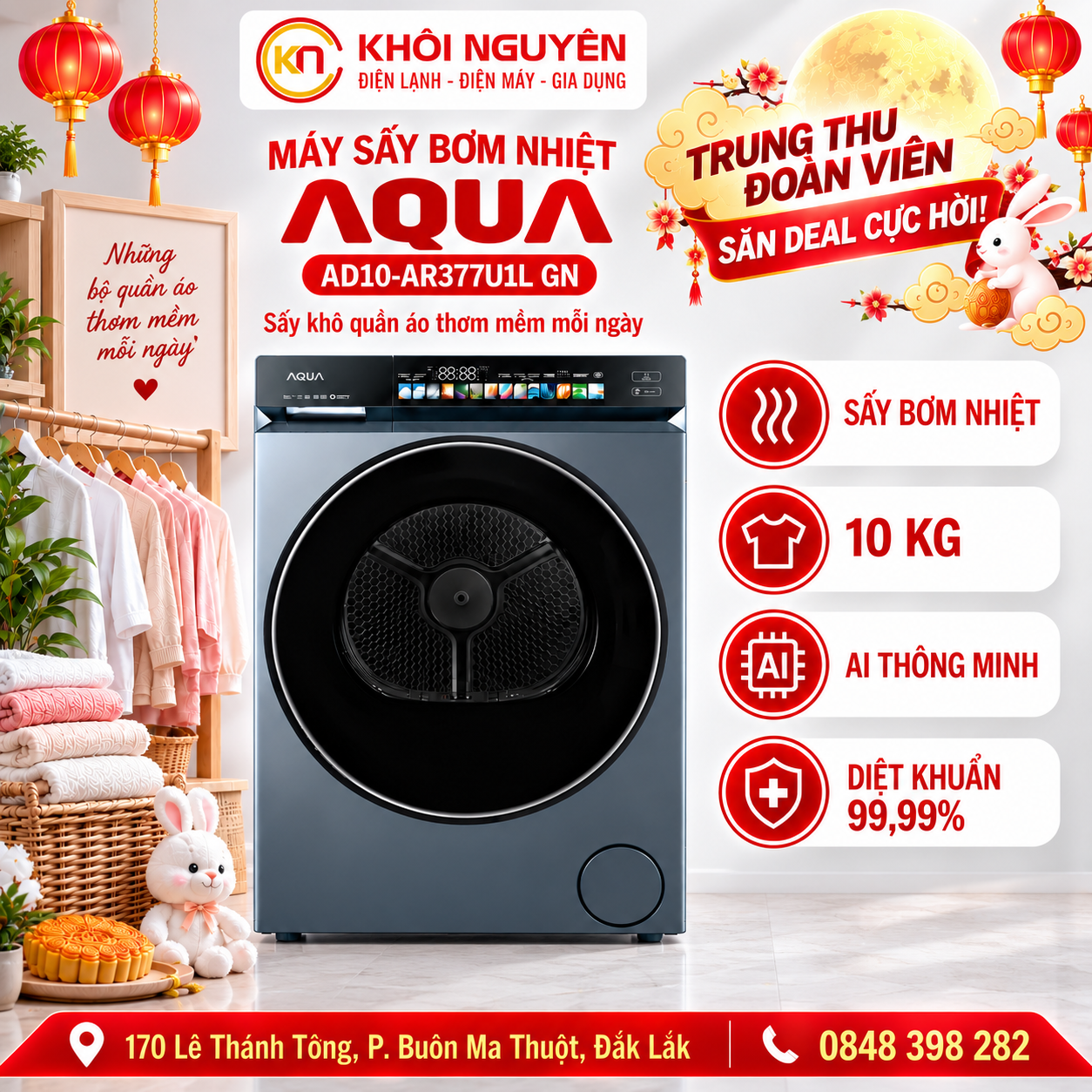 Máy sấy bơm nhiệt Aqua 10 kg AD10-AR377U1L GN